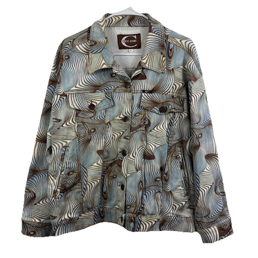 Y2K Crest Jeans Denim Trucker Jacket Large Psychedelic Print Pockets Relaxed